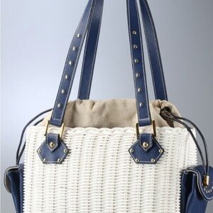Capaf Italian Handmade Rafia and Leather Navy and White Woven bag. Stud detail.